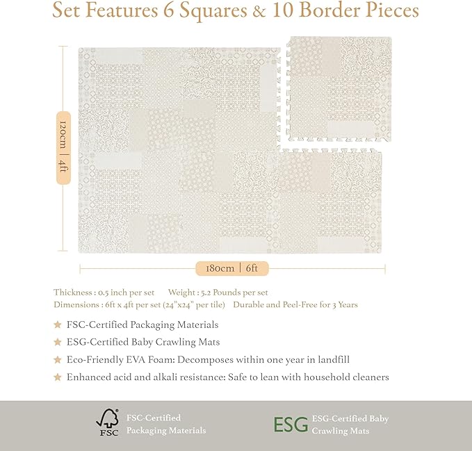 Popsykosy Premium Exercise & Baby Foam Play Mats - Stylish & Large Non-Toxic Puzzle Floor Mat - 6 Tiles - Spacious 6ft x 4ft - Peel-Resistant Reinforced Version - Soft, Thick, Waterproof -Totem Beige