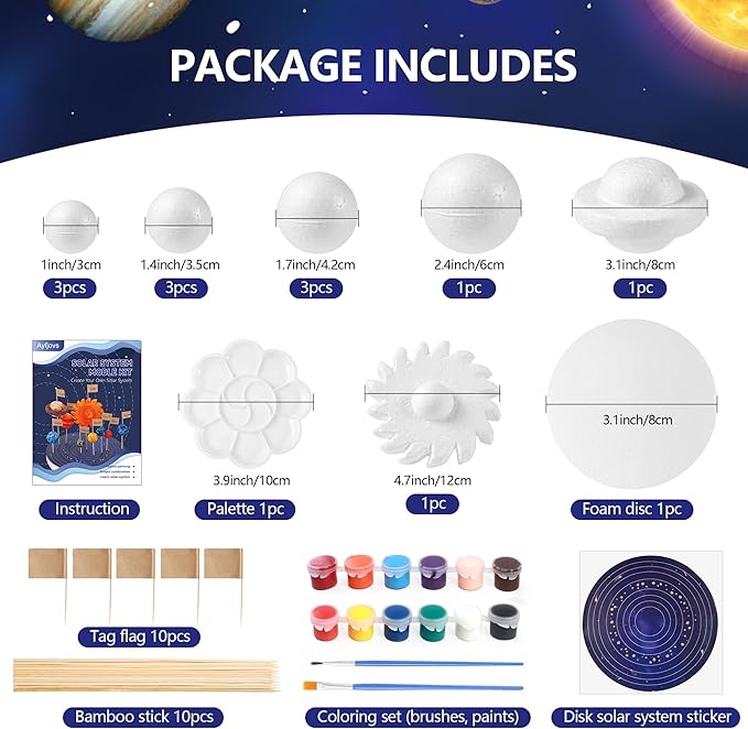Ayfjovs Solar System Model Kit, Solar System Foam Balls Crafts for Kids School Projects to Learn Planets, Includes Mixed Sizes Polystyrene Balls, Pigments, Flags, Brushes, Bamboo Sticks for DIY