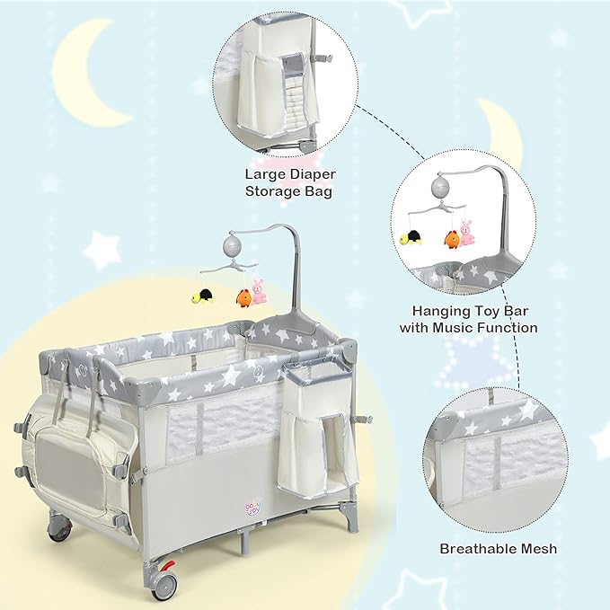 HONEY JOY Pack and Play with Bassinet, 5-in-1 Baby Bedside Sleeper w/Diaper Changing Table & Storage Bag, Toy Arch & Music Box, Detachable Side Rail, Portable Baby Play Yard w/Carry Bag(Beige)