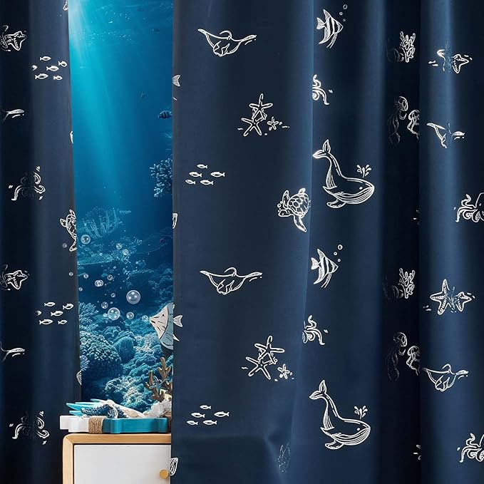 Vangao Kids Curtains for Boys Bedroom Kids Blackout Curtains 84 Inch Length Ocean Aquarium Nursery Drapes for Girls Bedroom Silver Sea Animals Print Thermal Insulated Drapes, Navy Blue 2 Panels