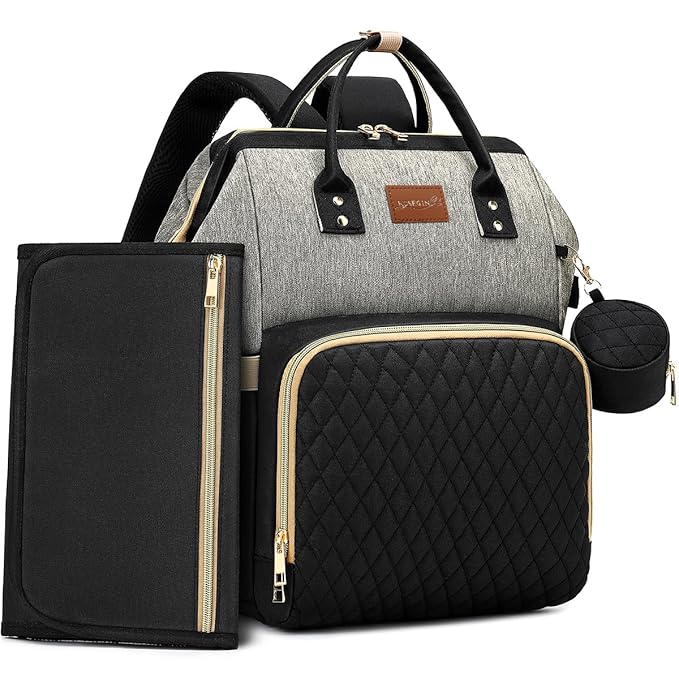 Diaper Bag Backpack with Changing Pad, Pacifier Case, Baby Bag for Boy Girl Toddler - Large, Stylish, Waterproof Travel Quilted Diaper Bag for Mom - Baby Shower - Black Grey