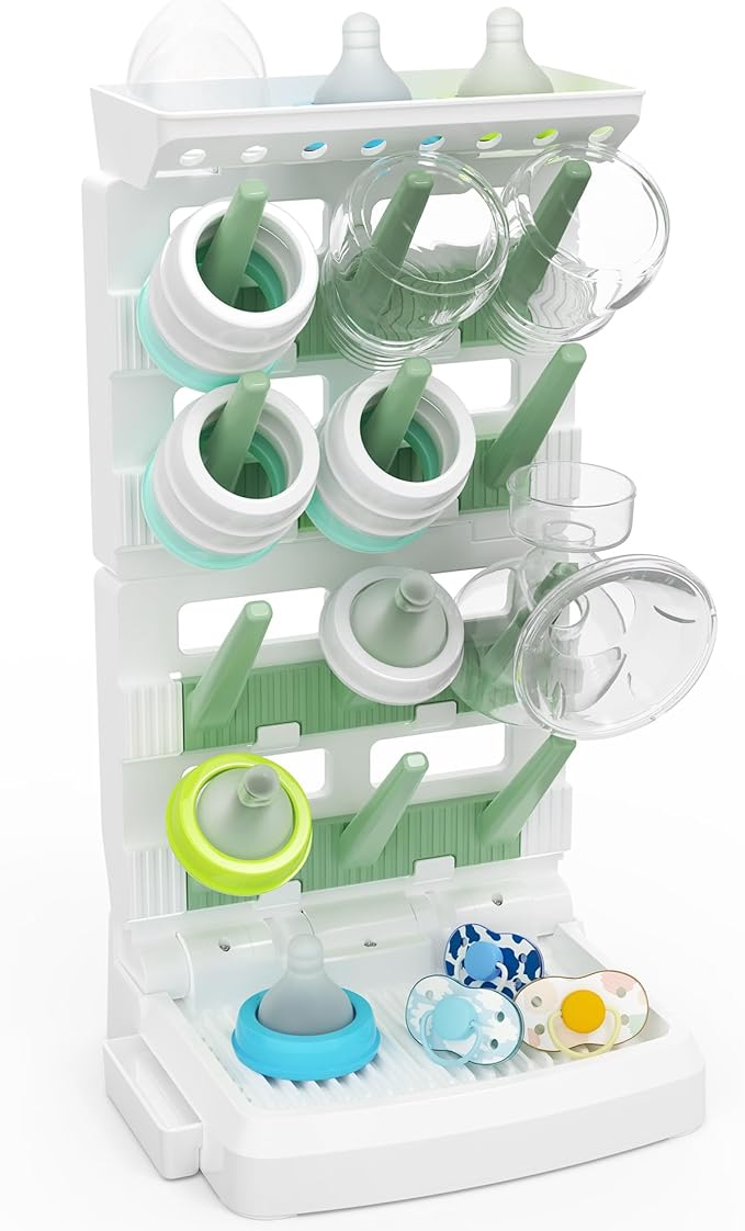 Baby Bottle Drying Rack for 12 Bottles, Space Saving Countertop Vertical Standing Bottle Dryer Rack for Baby Accessories & Pump Parts （Large White&Green）