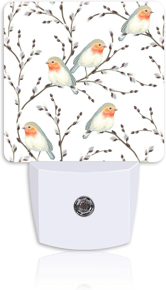 Teal Orange Robin Birds on Willow Branches Night Light for Kids Girls Boys,LED Night Light Plug into Wall with Dusk to Dawn Sensor for Room Decor,Hallway,Kitchen,Bathroom,Nursery,Stairs