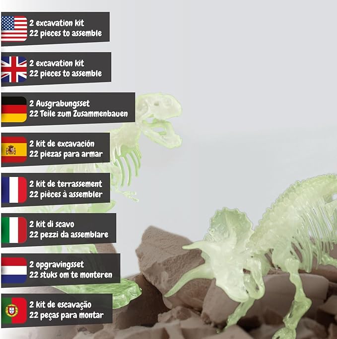 Science4you Dinosaur Fossil Excavation Kit 2 in 1 - Glow-in-The-Dark Fossil Digging Kit for Kids, Build 2 Dinosaur Fossils, 22 Pieces, Archeology Set - Dinosaur Toys, Games for Boys and Girls Age 6+