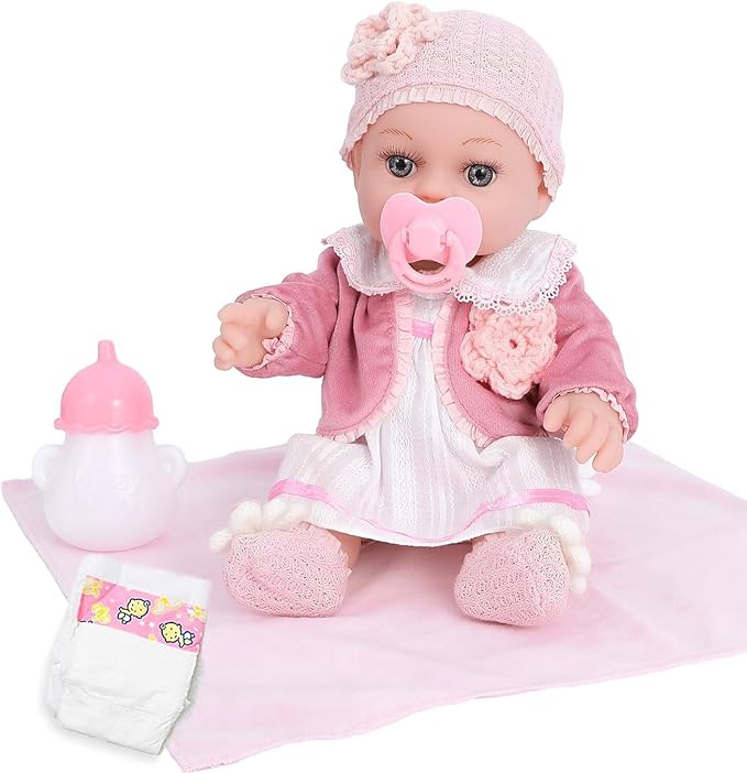 12" Girl Baby Dolls Playset Adoption Baby Doll with Clothes Accessories Include Outfits,Pacifier,Disposable Diaper,Blanket,Feeding Bottle Toy Stuff for Toddler 3 Ages and Up