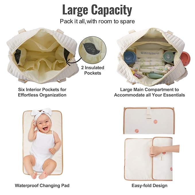 Large Diaper Bag Tote, Maternity Travel diaper tote, Multifunction baby bag, Baby Nappy Bags, Messenger bag (Medium - Flowers)