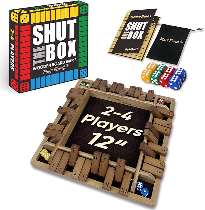 12" Upgraded Shut The Box Game, Math Dice Board Game for Family Night Classroom Travel, Wooden Table for Group Kid Adult Senior, Travel Party Bar, Easy Quick and Fun, 2-4 Players