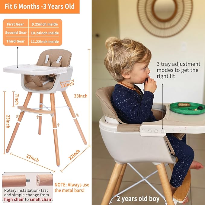 Mallify 3-in-1 Convertible Wooden High Chair, High Chairs for Babies and Toddlers, Baby High Chair with Adjustable Legs & Dishwasher Safe Tray, Made of Sleek Hardwood & Premium Leatherette, Brown