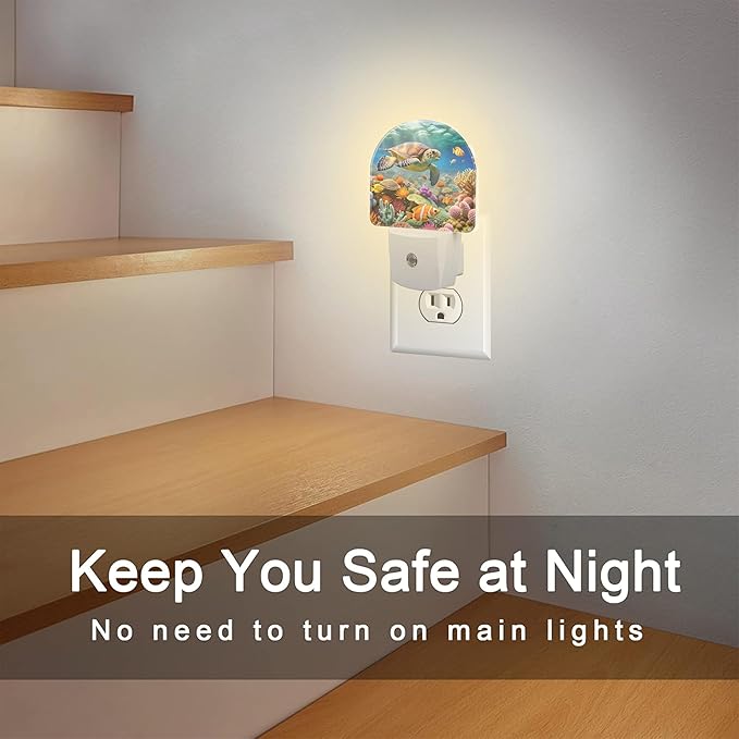 Sea Turtle in Coral Reefs Night Light, Underwater World Marine Fish Corals Dusk to Dawn Night Light Plug in,0.5w Energy Saving Sleep Friendly NightLight for Kids Boys Girls Home Decor
