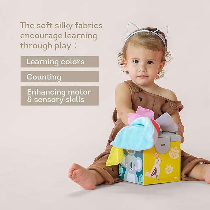 Taf Toys Sensory Crinkle Tissue Box for Toddlers. STEM Montessori Toy with Colorful Soft Scarves and Crinkling Blankies