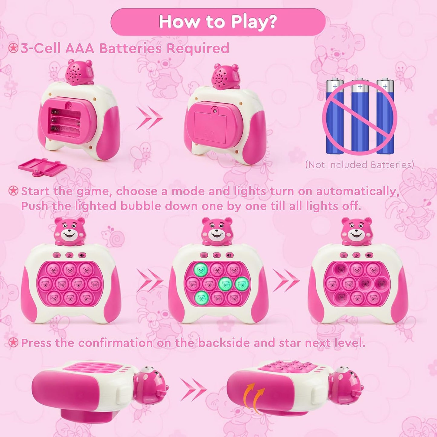 Quick Push Fidget Toy for Kids Adults, Fast Speed Pushing Game Console, Handheld Push Bubble Stress Relief Toy Bear-Pink