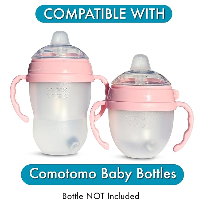 Sippy Cup Conversion Kit for Comotomo Baby Bottles 2-Count, Soft Food Grade Silicone Spout Nipples, All Silicone Weighted Straw, Bottle Handles, Cleaning Brush, BPA-Free, 4+ months (Sippy Spout, Pink)