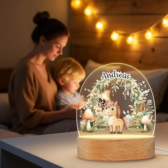 callie Acrylic Night Light Name Plate Personalized, Custom Cute Animal Dog Cat with Wooden Base Bedroom Decor, Birthday Gifts Kid Gifts for Family (Forest Animal)