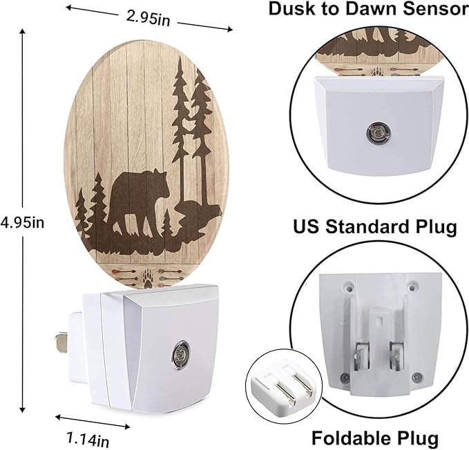 Bear Night Lights Plug into Wall Wildlife Cute Brown Bear Trees Woods Silhouette Night Light Dusk to Dawn Sensor LED Lighting for Bedroom Bathroom Living Room