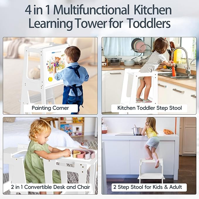 4 in 1 Kitchen Toddler Step Stool, Foldable Learning Toddler Standing Tower with Double-Sided Whiteboard, Wooden Kitchen Stool Helper for Kids 1.5 to 5 Years Old,Bathroom Sink Counter