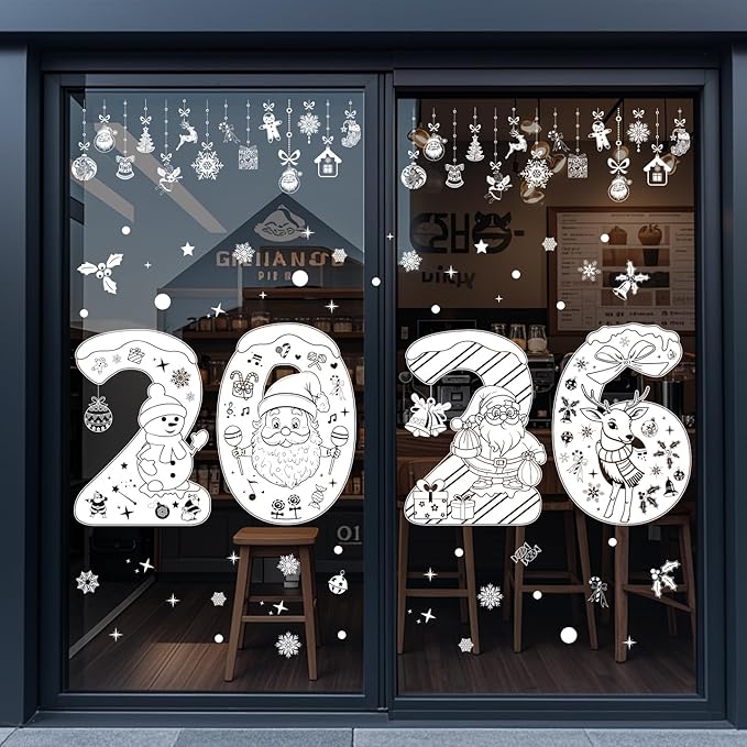 Christmas 2026 Cute Number Window Clings for Glass Windows,5 Sheets Static Christmas Window Decorations Xmas Holiday White Snowman Santa Window Stickers Decals for Party Home Winter Indoor Decor