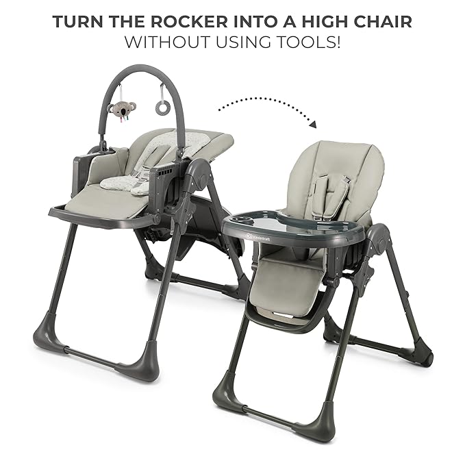 Kinderkraft Tummie, 2-in-1 high Chair, Baby Chair, Ergonomic, Comfortable, Reclining, Foldable, with Ajustable Height, Footrest, Detachable Tray, for Toddler, with Toys, Gray