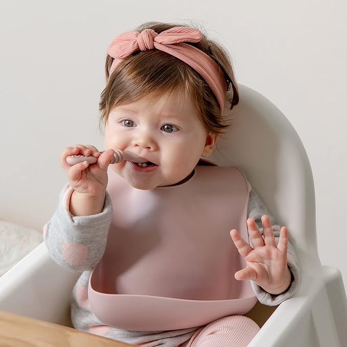 SAMiGO Silicone Baby Utensils - Self Feeding Spoons and Tiny Training Cup - First Stage Baby Led Weaning Supplies for 6 Months+ Infants - Set of 4