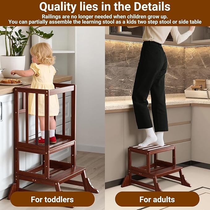 COSYLAND Toddler Step Stool Height Adjustable – Portable Kids Kitchen Stool Helper with Stabilizing Base Block – Toddler Standing Tower for Bathroom Living Room Dining Room (Brown)