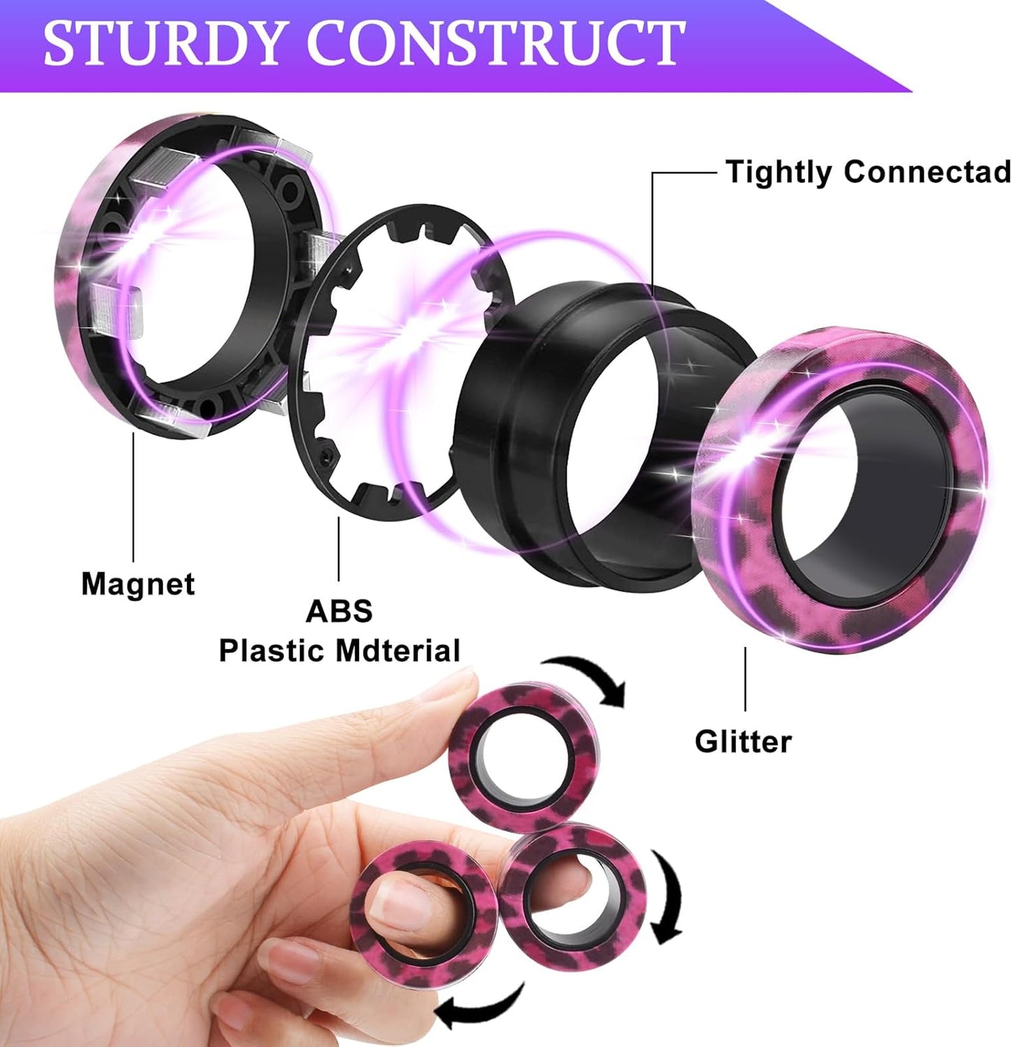 Cevioce 9Pcs Magnetic Rings Fidget Toy Set, ADHD Anxiety Magnetic Fidget Toys Adults Fidget Spinner Rings for Relief, Gifts for 8+ Year Old Teen Boy Girl C