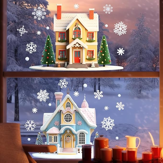 Fun Christmas Window Decor Set - Small House ＆ Snowflake Pattern Design Sided Printed Electrostatic Stickers - Removable, Safe for Home, Office, School Indoor Outside Use Shop Window Decoration