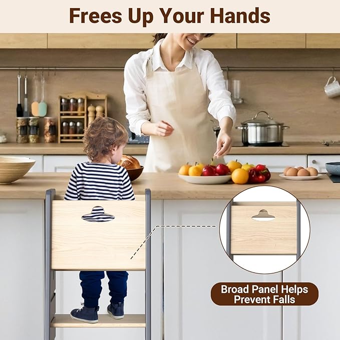 COSYLAND Toddler Standing Tower Adjustable Height - Super Stable Kids Kitchen Stool Helper - 3 Levels Adjustable Wooden Toddler Kitchen Stool (Natural & Light Gray)
