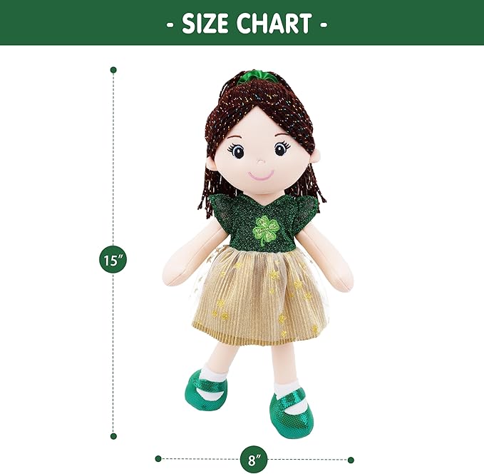 June Garden 14" Snuggle Cuties Clover Sophie - Saint Patrick's Day Soft Plush Doll - Huggable Irish Themed Rag Doll for Girls - Green Outfit
