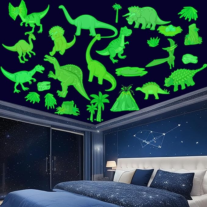 Glow in The Dark Dinosaur Stickers, 48 PCS Glowing Luminous Dinosaur Eggs Wall Decals Jungle Dino Ceiling Stickers for Kids Boys Girls Bedroom Nursery Playroom Party Room Decor