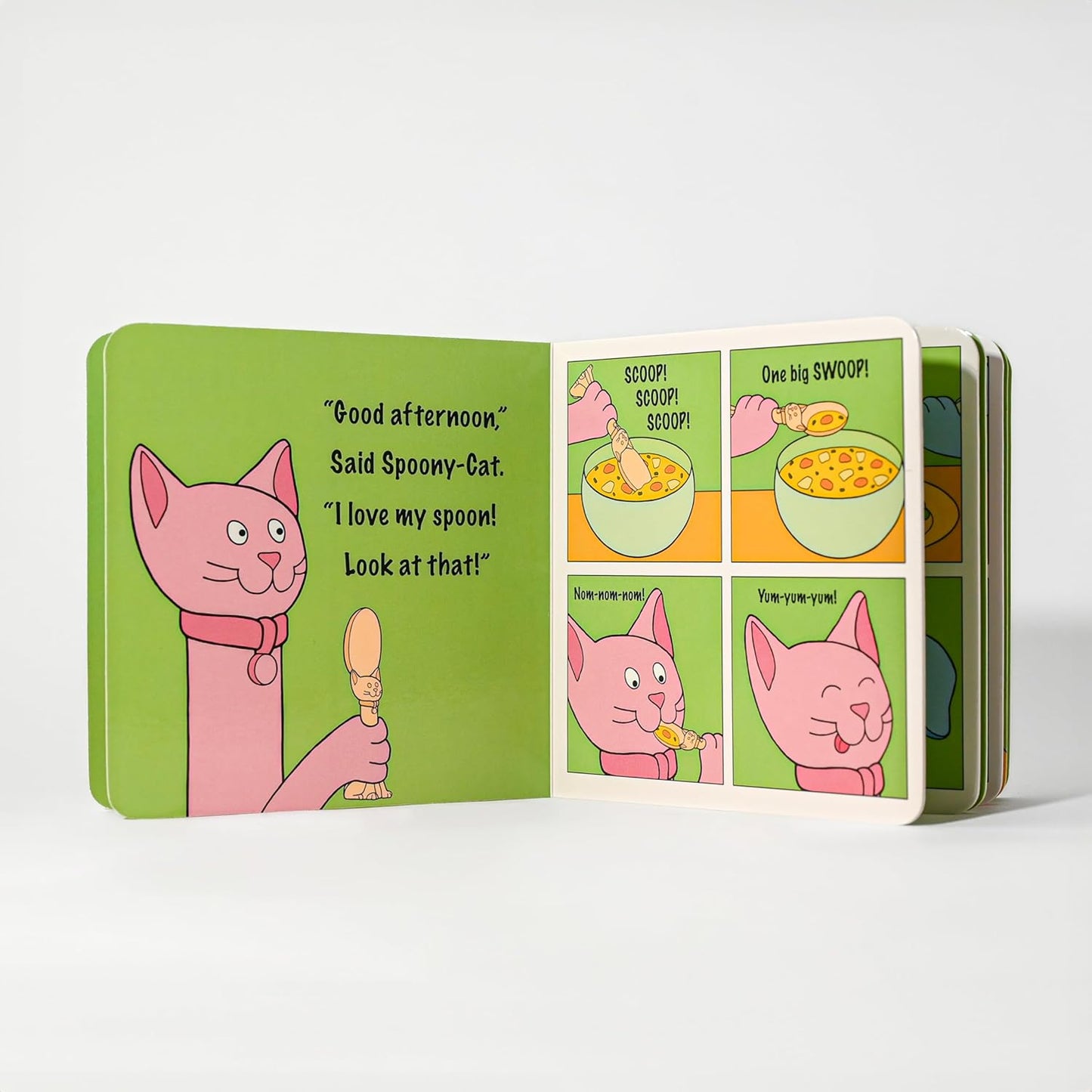 Made in USA Spoon la la Toddler Utensils Set (2 Pack) & Board Book - Spoon & Fork for Kids, Self-Standing 3D Ergonomic Cat & Dog Handles, BPA-free, Dishwasher Safe Baby Silverware (Mint Green)