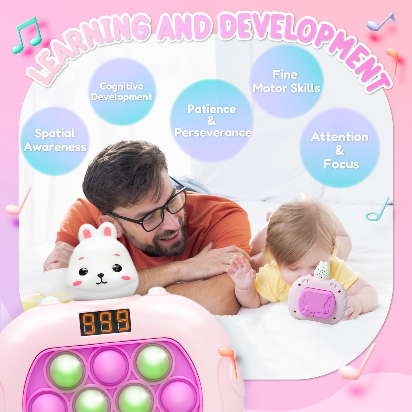 Marlo & Buzz Fast Push Game Toy with Popit Game Controller, Pop Fidget Animal with LED Screen - Sensory and Memory Console, Quick Bubble Light Toy, Pocket Games (Rabbit)