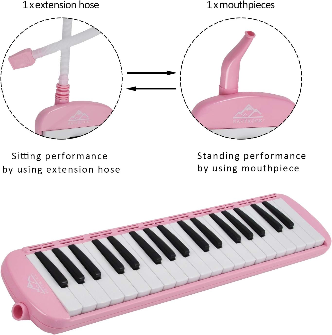 EastRock 37 Key Melodica Instrument Keyboard Soprano Piano Style with Mouthpiece Tube Sets and Carrying Bag for Kids Beginners Adults Gift Pink