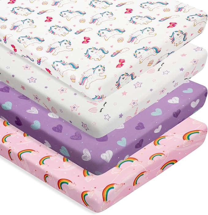 4 Pack Soft Baby Girl N Play Sheets for Mini Crib Mattress Unicron Rainbow Heart Cute Neutral Polyester Unisex Fitted Mini Crib Sheets Set for Baby Girls