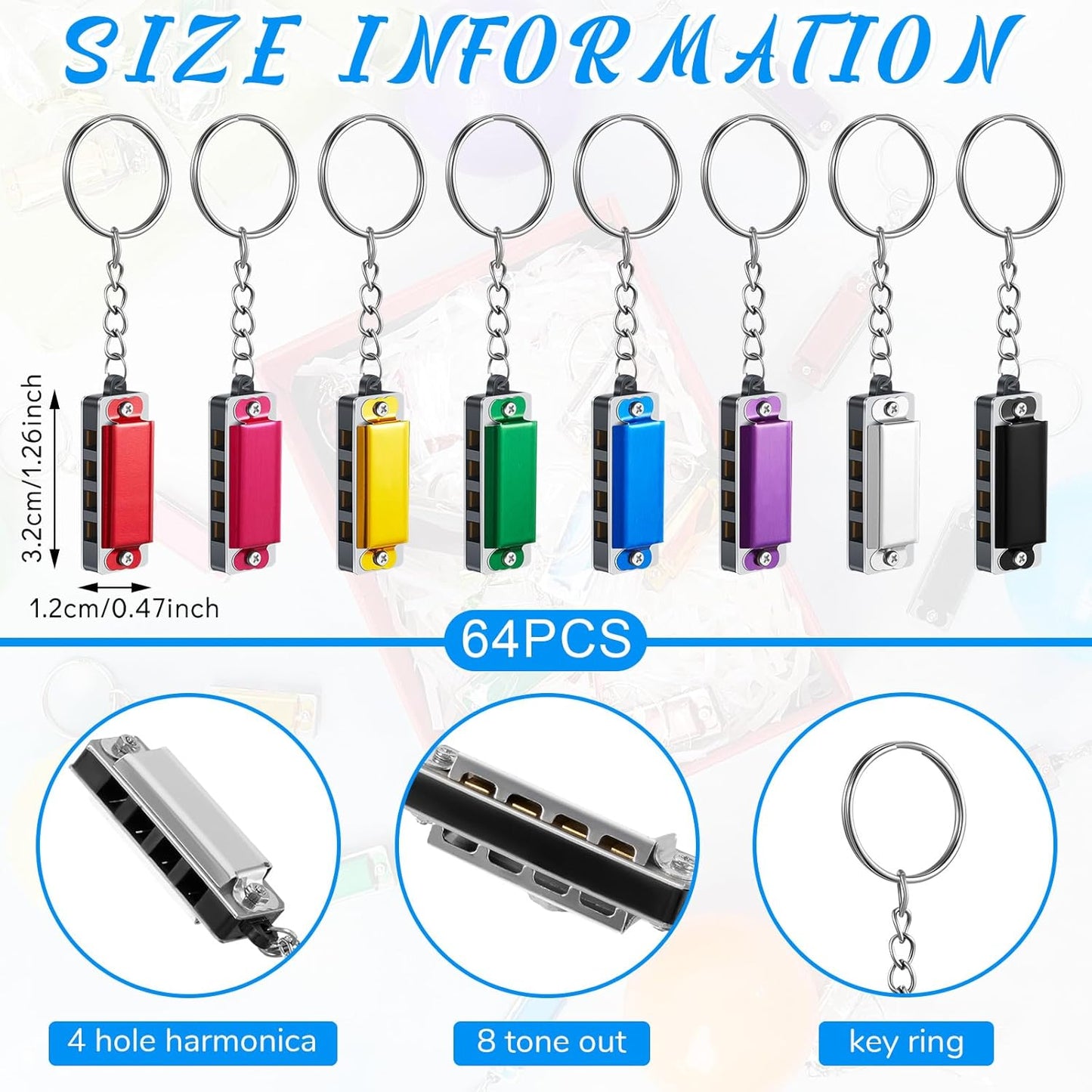 Ecally 64 Pcs Mini Harmonica Keychain for Kids Operation Christmas Favors Portable Wind Instruments 4 Holes 8 Tunes Harmonica Music Party Favors Cute Music Keychain Accessory (Multicolor)