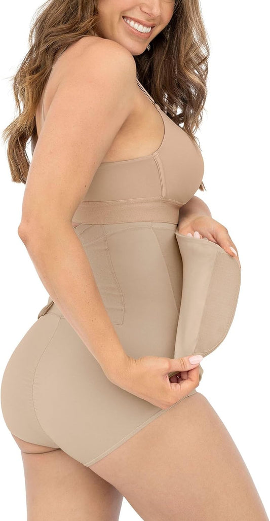 High Waisted Post Surgical Firm Compression Underwear with Adjustable Belly Wrap - Tummy Control Shapewear Girdle for Women