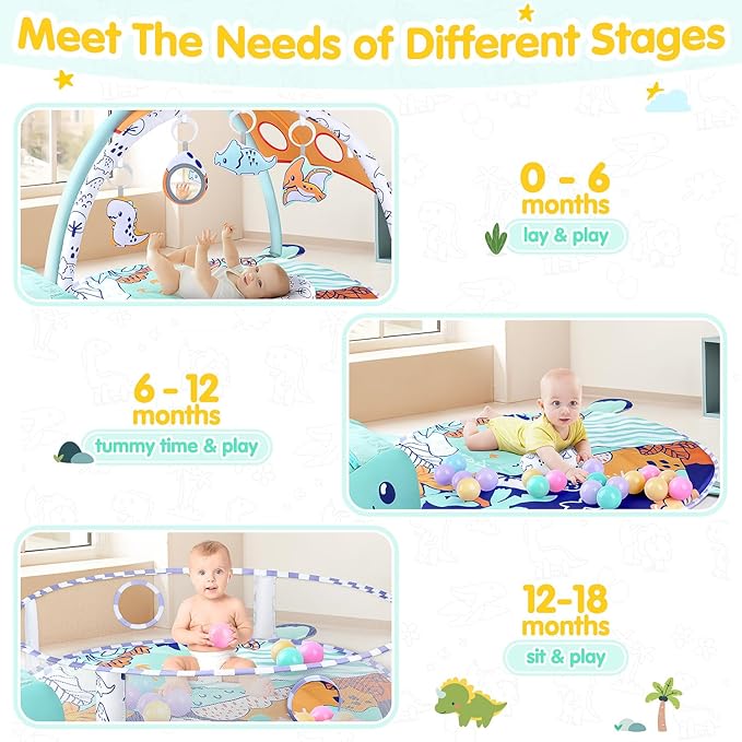 5-in-1 Baby Play Mat - Dinosaur Themed Activity Gym for Babies 0-6 Months with Ball Pit, Detachable Sensory Toys, Pillow, Machine Washable