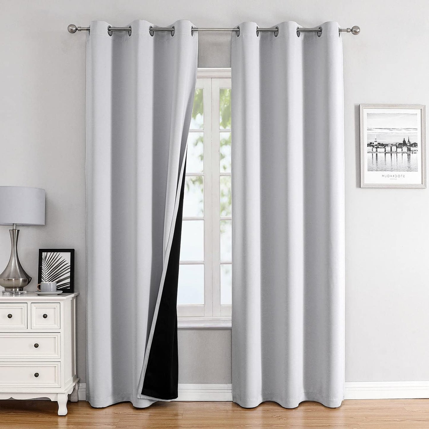 ChrisDowa 100% Blackout Curtains 78 inch Long for Bedroom with Black Liner, 2 Thick Layers Total Blackout Thermal Insulated Grommet Window Curtains 2 Panels Set (Greyish White, 42 x 78 Inch)
