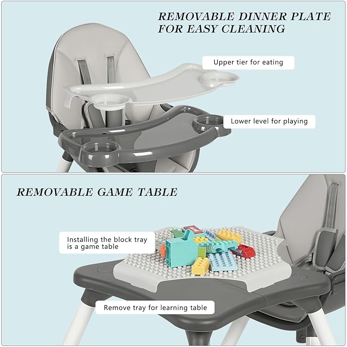 Baby Highchair,6 in 1 High Chairs for Babies and Toddler Baby Feeding Chair Coverts to HighChair for Babies, Kids Learning Table,Building Block Table,Kids Stool Removable Tray & Safety Harness(Gray)