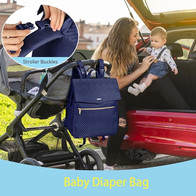 LANDICI Diaper Bag Backpack, Multifunction Waterproof Baby Diaper Bags with Changing Pad, Stroller Straps, Travel Essentials Stylish Back Pack for Mom Dad Boy Girls Toddler, Dark Blue