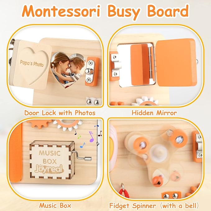 Joyreal Wooden Busy Board for Toddlers - Montessori Sensory Activity Board for Fine Motor Skills, Educational Travel Sensory Toys for Children Toddlers & Kids