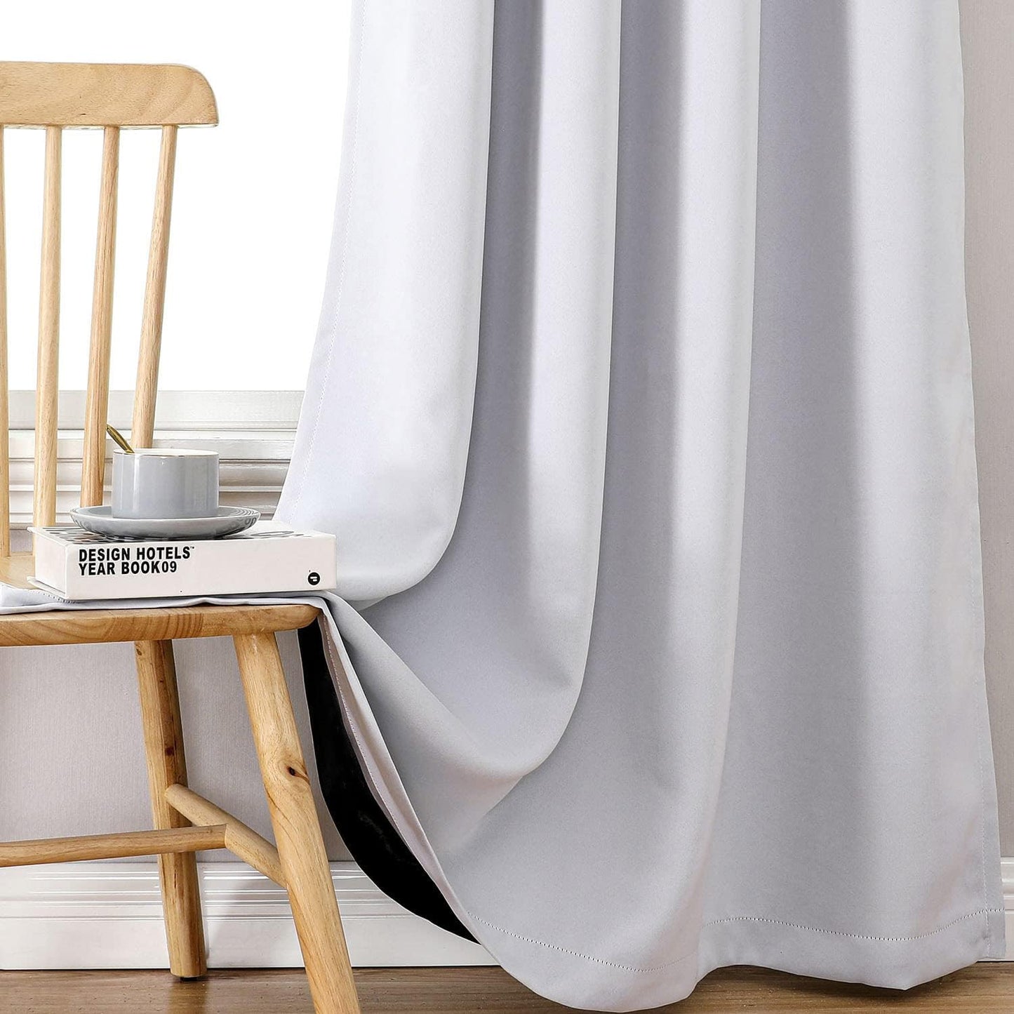 ChrisDowa 100% Blackout Curtains for Bedroom with Black Liner, 2 Thick Layers Total Blackout Thermal Insulated Grommet Window Curtains 2 Panels Set (Greyish White, 52 x 72 Inch)