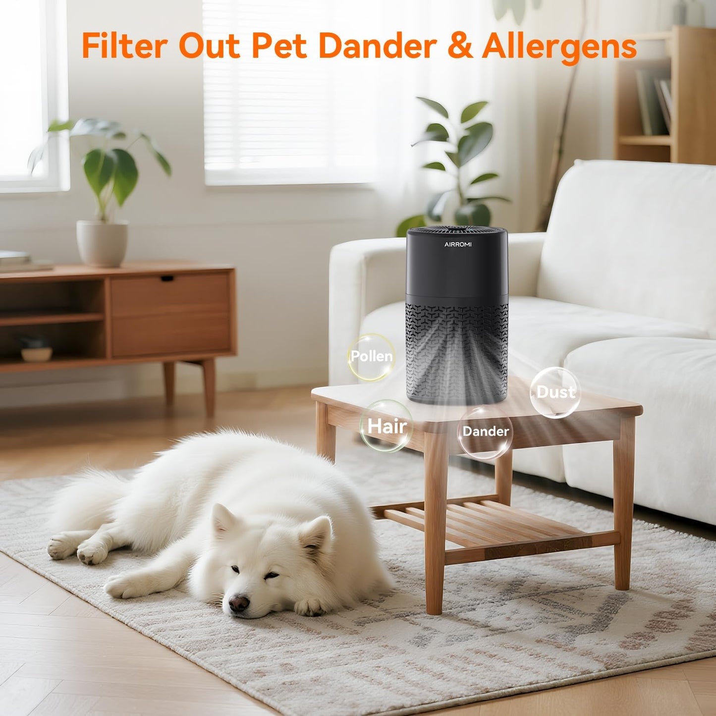 AIRROMI Pets Air Purifier for Home Allergies,Up to 660 ft².Yellow Deodorizing Activated Carbon Filter,With Fragrance Sponge for Better Sleep,Night Light,Pet Dander,Smoke,Odors,Air Cleaner A2002 Black