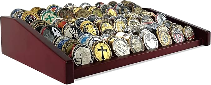 12 Rows Military Challenge Coin Holder Display Case Holds 90-100 Coins, Solid Wood Army Coin Rack Display Stand for Desktop, Mahogany