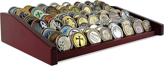 12 Rows Military Challenge Coin Holder Display Case Holds 90-100 Coins, Solid Wood Army Coin Rack Display Stand for Desktop, Mahogany