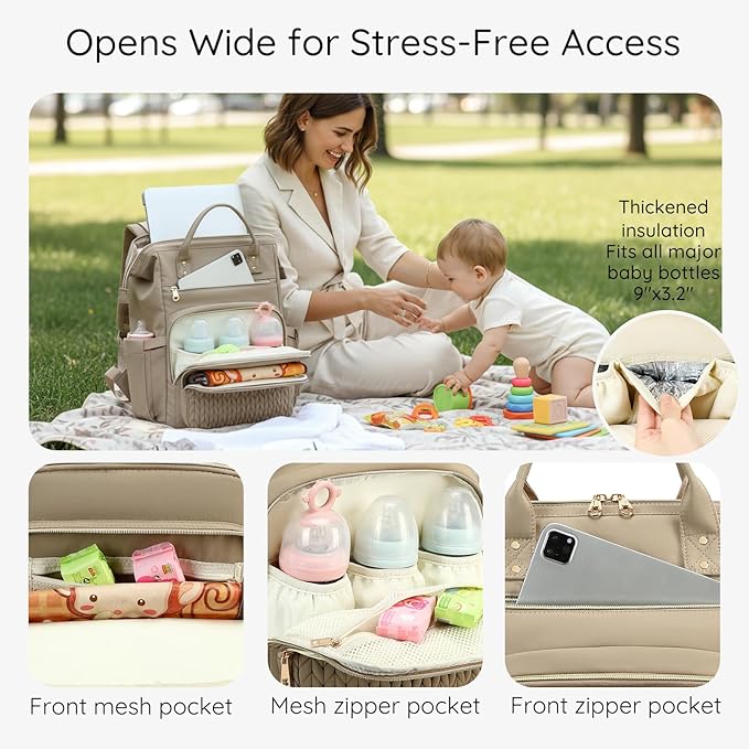 AIJIEKE Diaper Bag, Large Wide-Open Baby Diaper Backpack, Multi-functional Baby Travel Tote Bag, Diaper Bag with Changing Pad, Diaper Bags for Mom & Maternity (Brown Taupe)