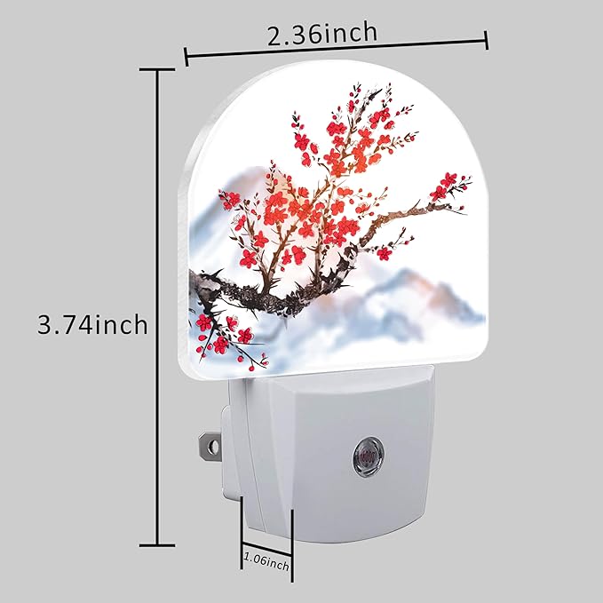 Plug in Night Lights Oriental Cherry Tree Ink Painting Nightlight Plug Into Wall Dusk to Dawn Sensor LED Night Light for Kid Girls Boys Room Decor,Hallway,Kitchen,Bathroom,Nursery,Stairs