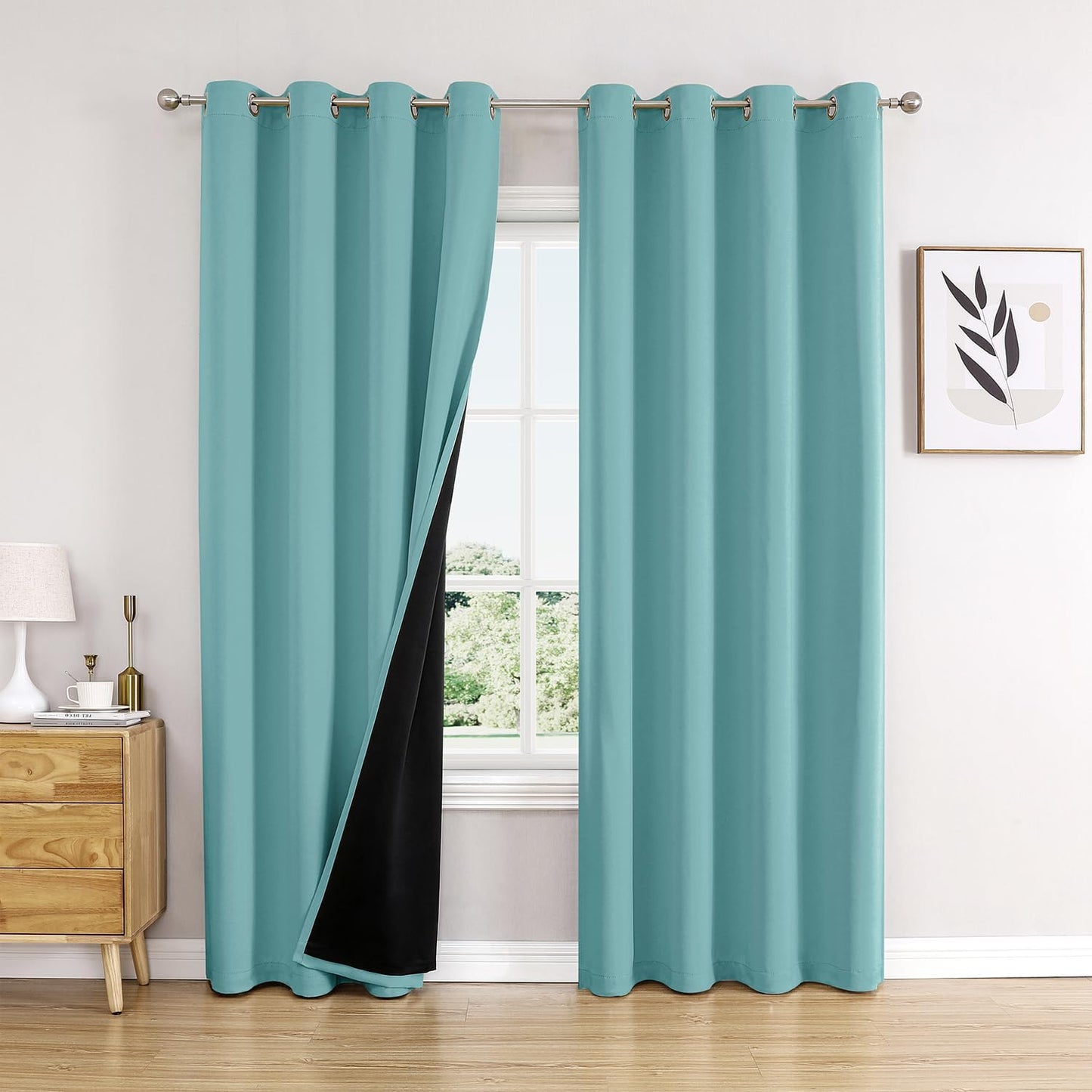 ChrisDowa 100% Blackout Curtains 95 inch Long for Bedroom with Black Liner, 2 Thick Layers Total Blackout Thermal Insulated Grommet Window Curtains 2 Panels Set (Aqua, 52 x 95 Inch)