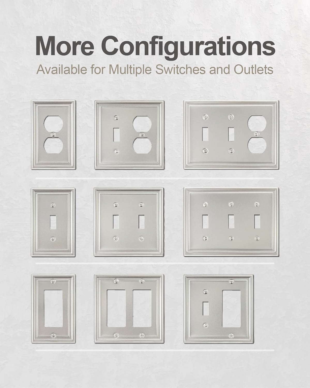 6-Pack Satin Nickel Outlet Cover, Single Duplex Wall Plate for Electrical Outlet, Light Switch, Durable Metal, 3.15''*4.88'', Midsize