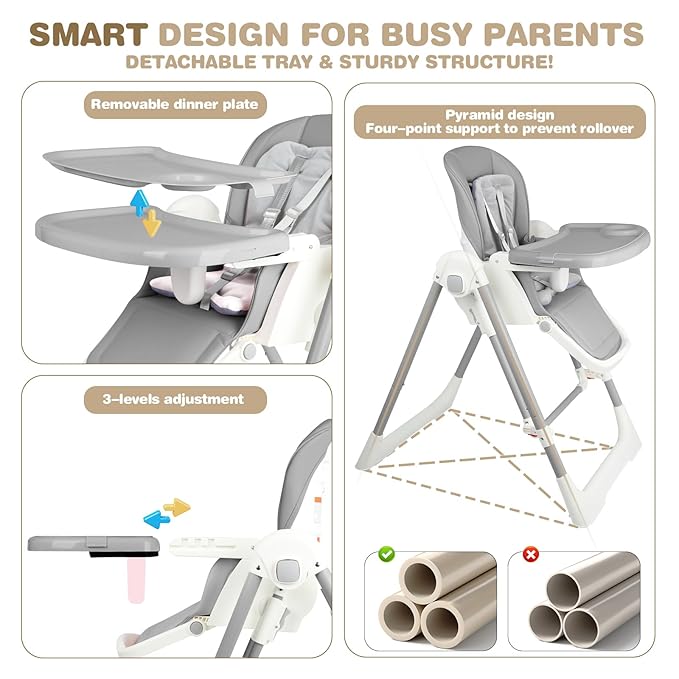 High Chairs for Babies and Toddlers Foldable High Chair Adjustable with Reclining Seat & Leg Rest, 3-in-1 Convertible Baby Swings with Tool-Free Assembly (Grey)