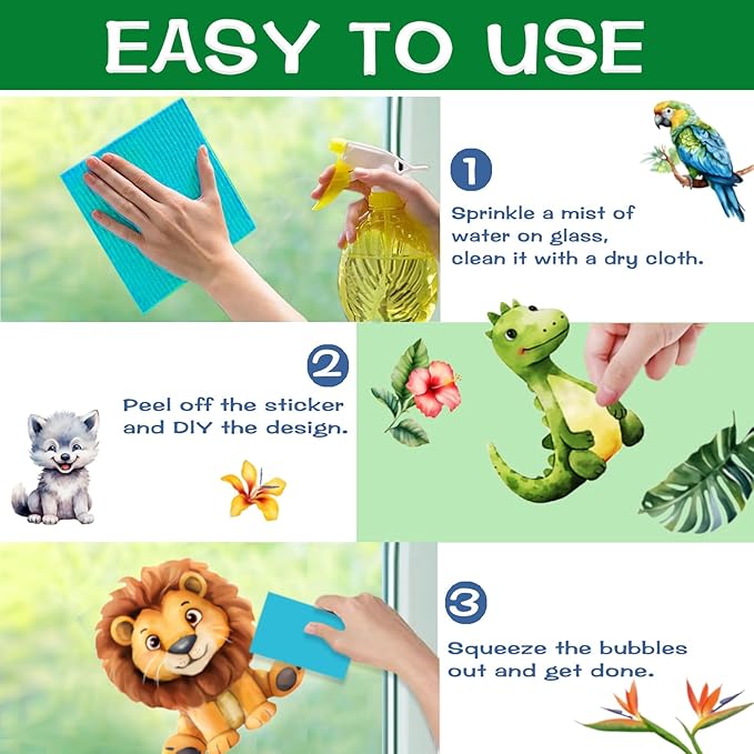 38 Animal Window Clings, Cute Elephant, Monkey, Bird Window Stickers, Perfect for Parties, Decorating Rooms, Living Rooms, Kitchens, bathrooms, refrigerators, Tile Stickers