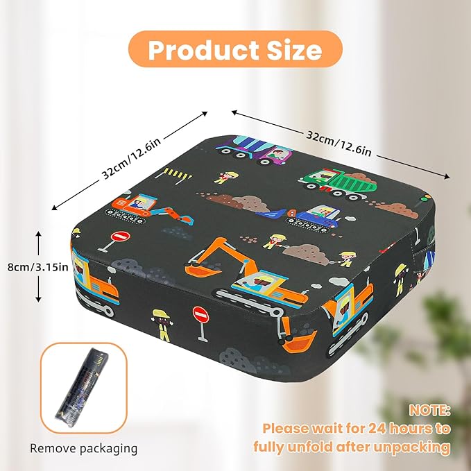 Toddler Booster Seat for Dining Table, Kids Booster Seat for Kitchen Chair with Non-Slip Bottom, Portable Detachable Washable Increasing Cushion with 2 Adjustable Straps (Excavator)